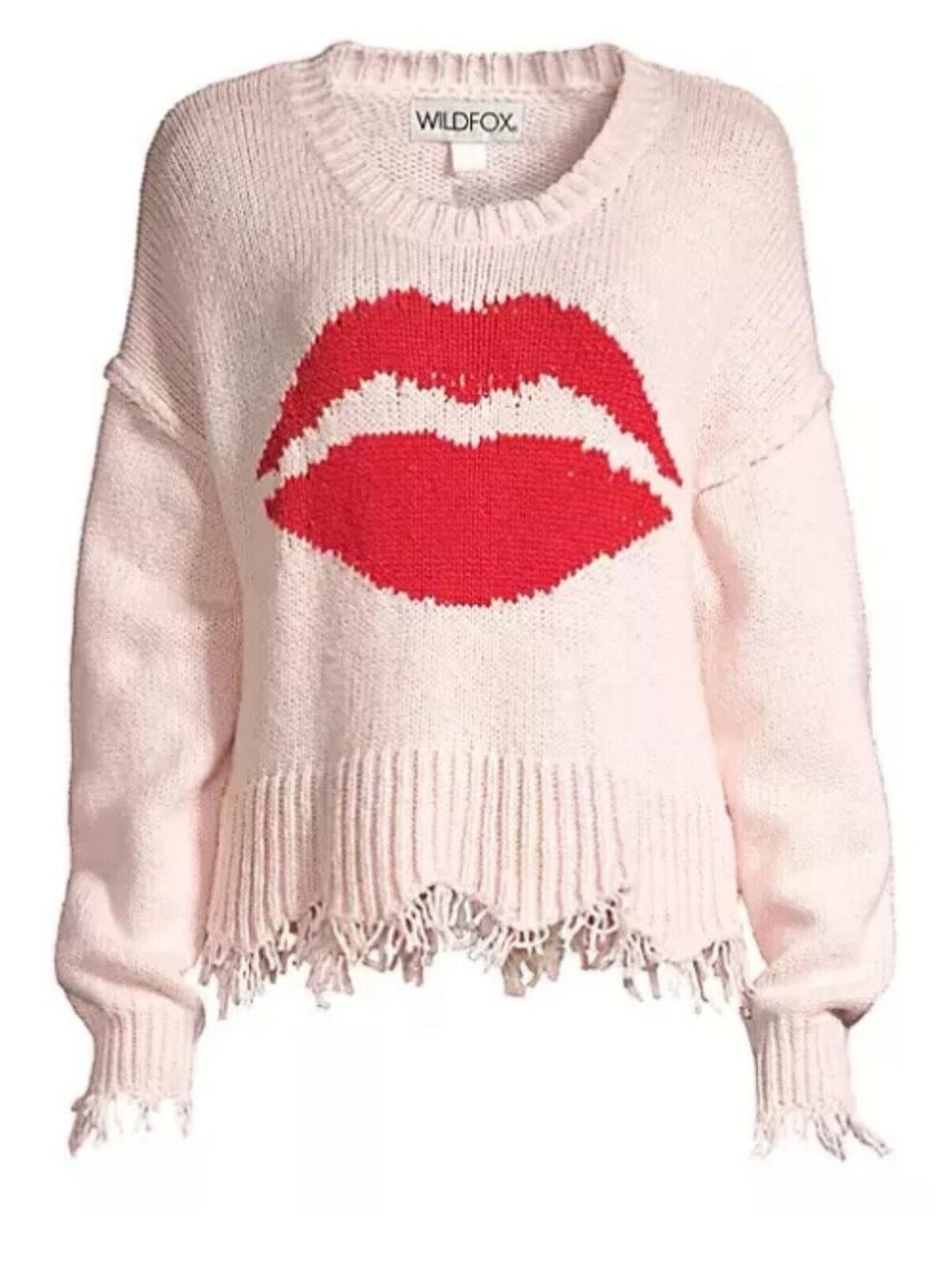 WILDFOX Women's Size M Luna Lip Frayed Hem Sweater in Pink Cotton